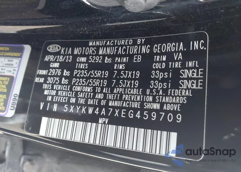 2014 Kia Sorento Limited V6 z USA, uszkodzony, nr VIN 5XYKW4A7XEG459709